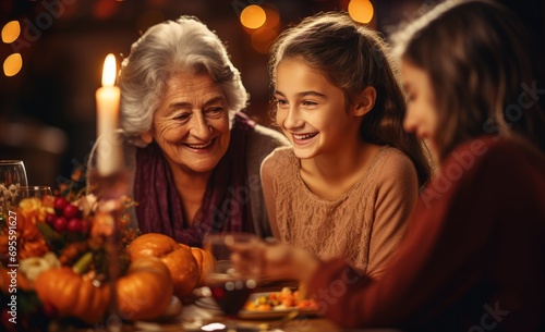 thankful grandmother is eating dinner with her three grandkids