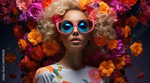 the girl is wearing sunglasses and flowers on her head photo