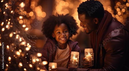 two children and an african american man near christmas lights
