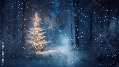 Panorama of snow covered forest at night, with a decorated Christmas tree by a path and gently falling snowflakes