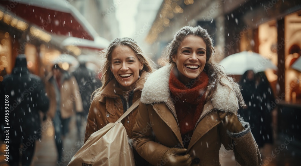 two women are in the middle of the rain and snow holding shopping bags