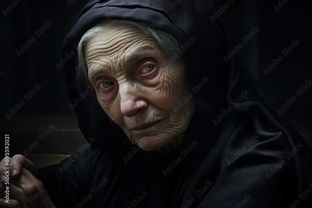 An old elderly widow in mourning attire is mourning, portrait of a grieving widow An old elderly widow in mourning attire is mourning, portrait of a grieving widow