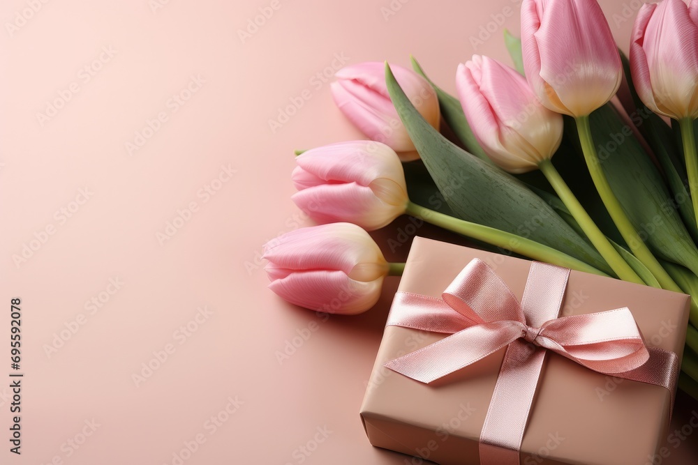 pink tulips, ribbon and gift box on pink background