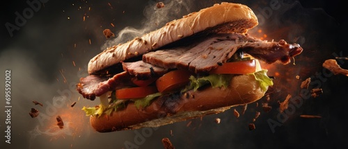 the meat in the sandwich is flying into the air photo