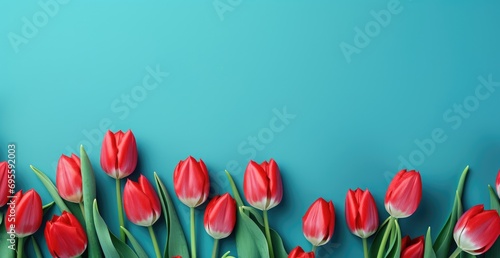 red tulips on a blue background with copy space #695592003