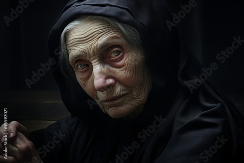 An old elderly widow in mourning attire is mourning, portrait of a grieving widow