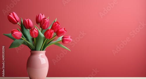 pink tulips in a vase against pink wall