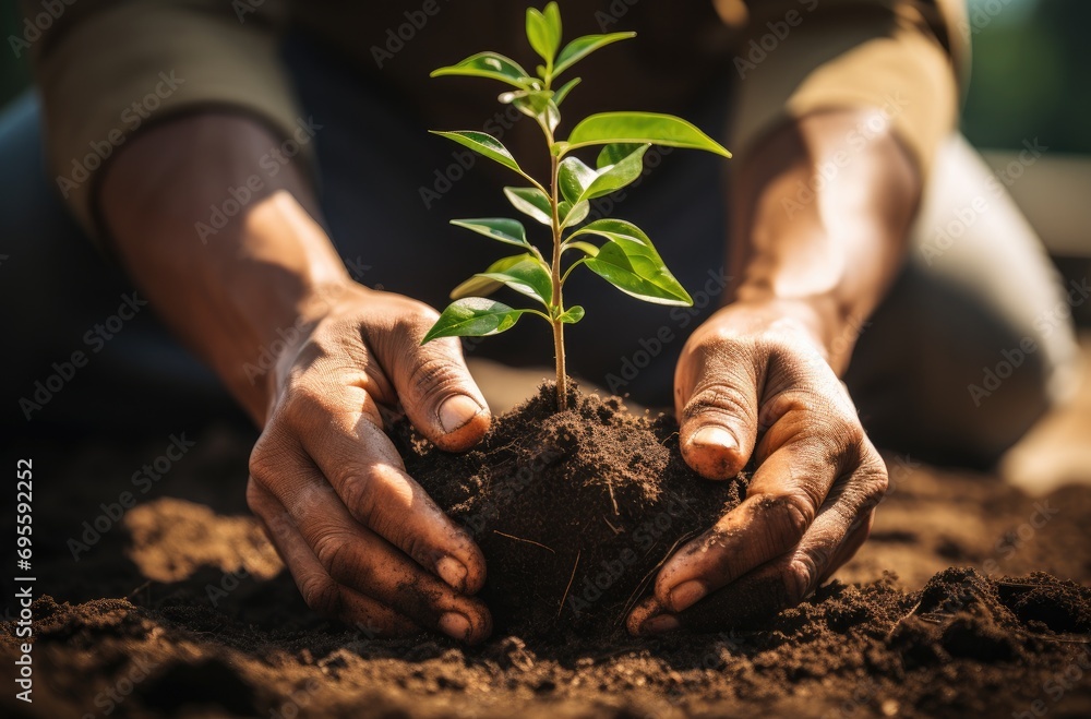 tree planter in gloves planting - obrazy, fototapety, plakaty 