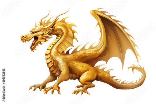 Golden dragon with Wing and opens mouth isolated on transparent background.