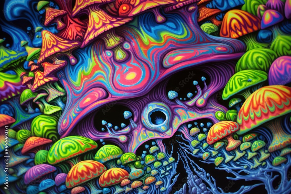Psychedelic painting. Trippy background in acid colors. Psilocybin background. Magic mushrooms.