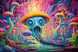 Psychedelic colorful mushrooms. Trippy background in acid colors. Psilocybin mushrooms. Magic mushrooms.