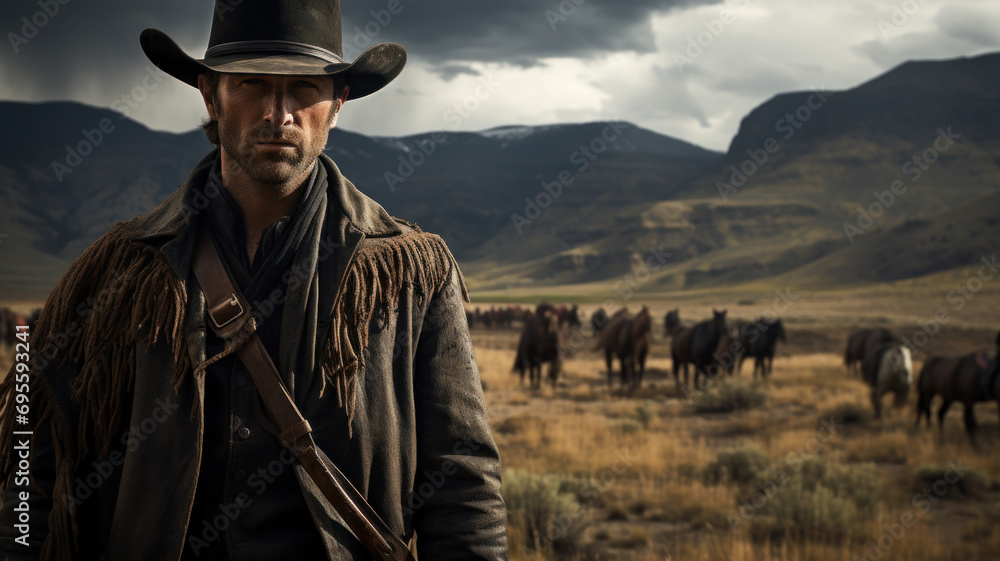 Cowboy and horses on nature background, man wearing hats and vintage outfit alone in prairie. American west landscape with rancher. Concept of wild, country, western movie Cowboy and horses on nature background, man wearing hats and vintage outfit alone in prairie. American west landscape with rancher. Concept of wild, country, western movie