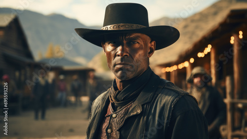 Portrait of African American cowboy or bandit like in western movie, face of tough black man wearing hat and vintage outfit in town. Concept of wild west, sheriff, outlaw, people photo