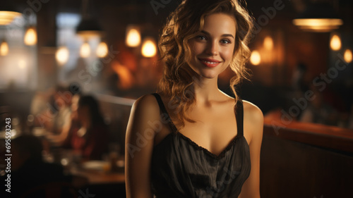 Sexy young woman with long hair in restaurant interior, smiling adult girl in dark luxury bar or cafe. Female person looks at camera. Concept of fashion, night, beauty, background