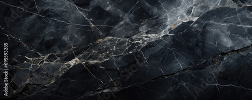 Black marble texture background, abstract pattern of light lines in dark rock. Wide banner of stone structure with gray veins close-up. Concept of art, design, nature, surface