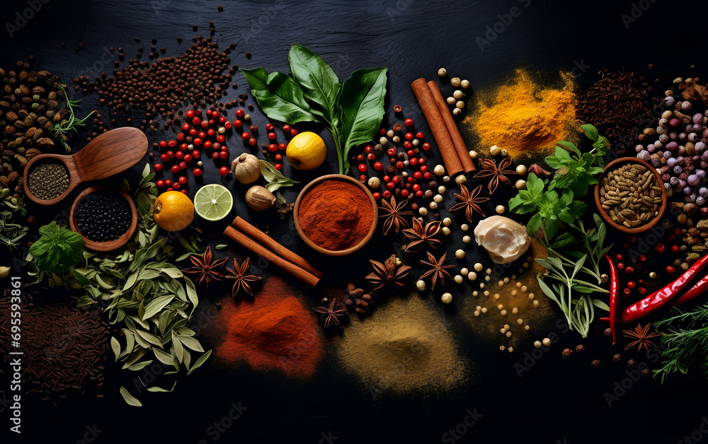 Herbs and spices on black background, Generative AI illustrations