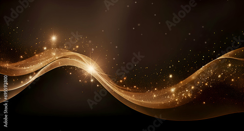Abstract shiny and sparkle gold wave curvy line with glitter shape with blur on defocused black background. Luxury gold flow blurred wallpaper. Generative Ai