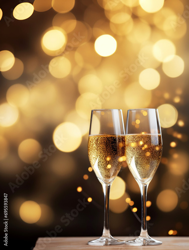 Two glasses of champagne with golden sparkles on bokeh background. New year party champagne glass.