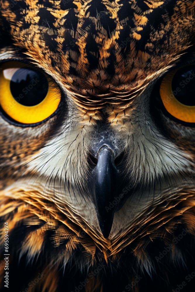 Beautiful photo of a fierce majestic owl’s eyes, extreme macro close up of an eye created with Generative Ai