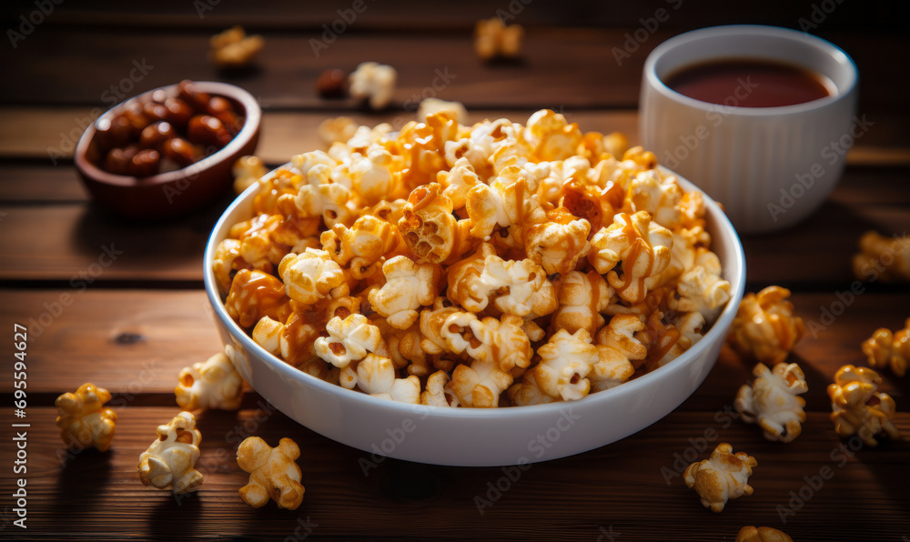 Delicious caramel popcorn in a white bowl on a rustic wooden table, perfect for movie nights and snack time Delicious caramel popcorn in a white bowl on a rustic wooden table, perfect for movie nights and snack time