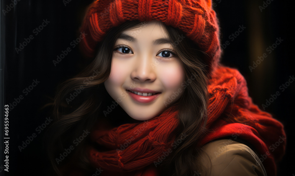 Portrait of a youthful Asian girl with a serene smile, adorned in a vibrant red beret and scarf, radiating warmth and innocence against a dark backdrop Portrait of a youthful Asian girl with a serene smile, adorned in a vibrant red beret and scarf, radiating warmth and innocence against a dark backdrop