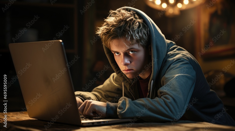 Angry teenage boy in front of laptop screen looking mad Angry teenage boy in front of laptop screen looking mad