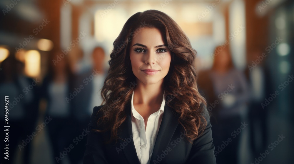 Portrait of a business lady with curly hair, employees standing in the background Portrait of a business lady with curly hair, employees standing in the background
