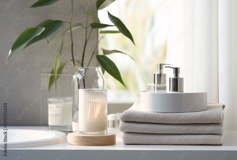 A bathroom scene with a vase, towels, and a bottle of lotion. Generative AI A bathroom scene with a vase, towels, and a bottle of lotion. Generative AI