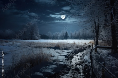  a night scene of a snowy field with a path leading to a fence and a full moon in the sky over a field with snow - covered grass and trees.