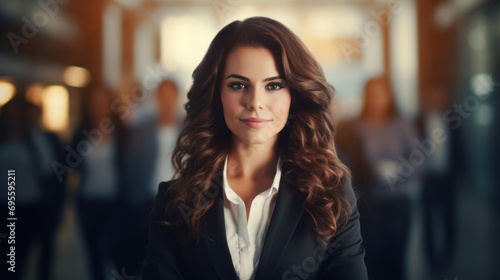 Wallpaper Mural Portrait of a business lady with curly hair, employees standing in the background Torontodigital.ca