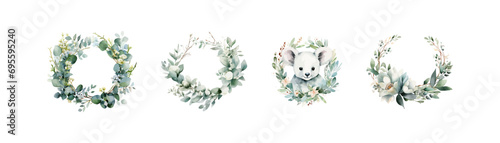 Watercolor .eucalyptus flower wreaths set. Vector illustration design.