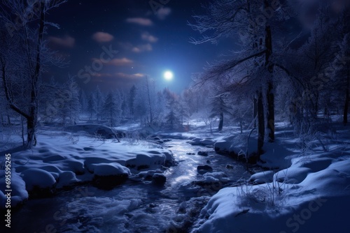  a stream running through a snow covered forest under a street light at night with a full moon in the sky over the trees and in the distance are snow covered ground.