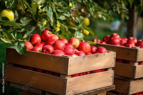  a couple of crates filled with lots of red apples next to a bunch of green leaves and a bush with lots of yellow and red apples on top of green leaves.