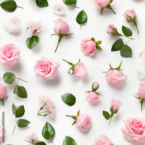 Flowers composition. Seamless pattern made of pink and white roses on white