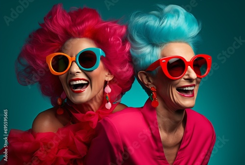 Two Women with Pink and Blue Hair, Wearing Sunglasses and Smiling Generative AI