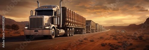 Automotive freight transport, truck close-up on sandy desert roads, banner