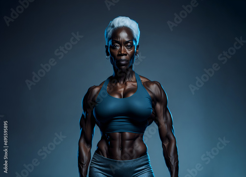 Muscular attractive senior black woman posing with copy space