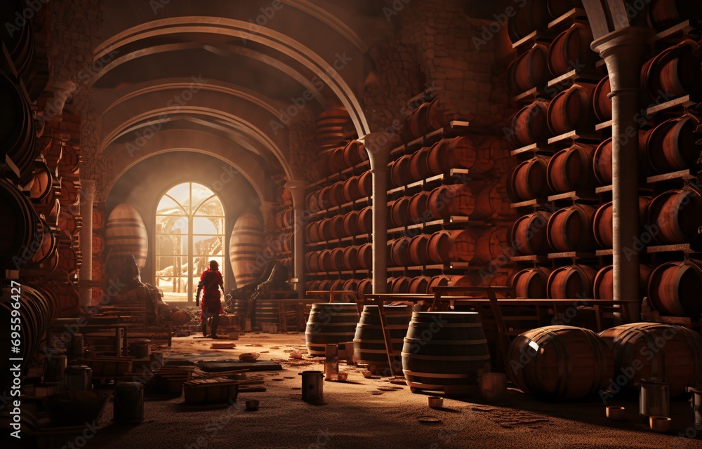 A person walking through a wine cellar with barrels of wine Generative AI