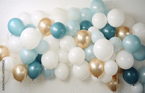 A large collection of balloons in various colors and sizes, including gold, blue, and white. Generative AI