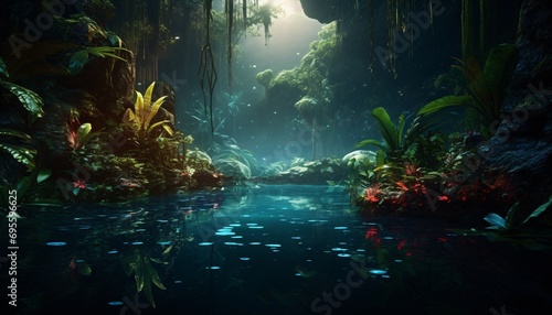 A serene jungle scene with a blue lagoon and lush greenery Generative AI