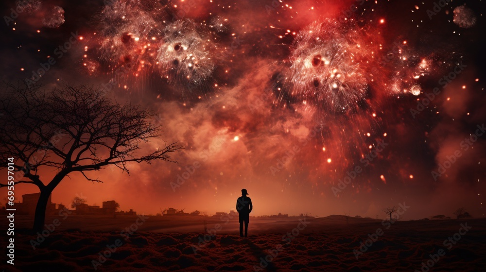 A Man Stands Alone in a Field of Fireworks Generative AI