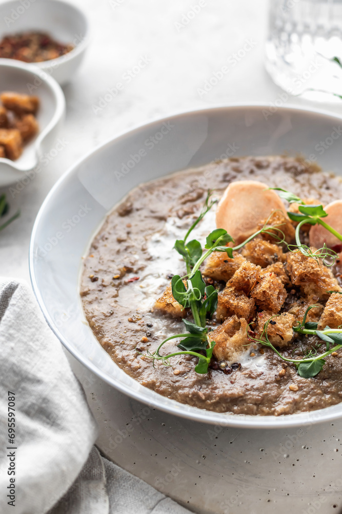 Thick lentil soup with croutons and meat chips served for dinner on white background close up Thick lentil soup with croutons and meat chips served for dinner on white background close up