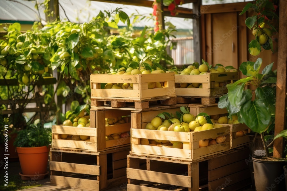  a pile of fruit sitting on top of wooden crates next to a potted plant and a potted plant in front of a wooden box filled with green leaves.