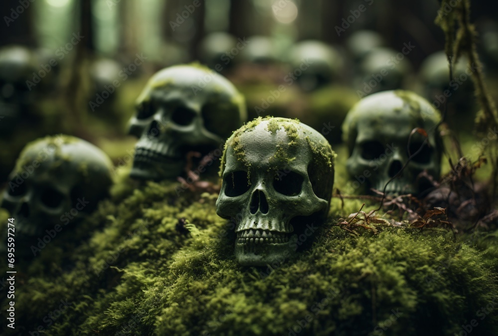 A collection of green moss-covered skulls Generative AI A collection of green moss-covered skulls Generative AI