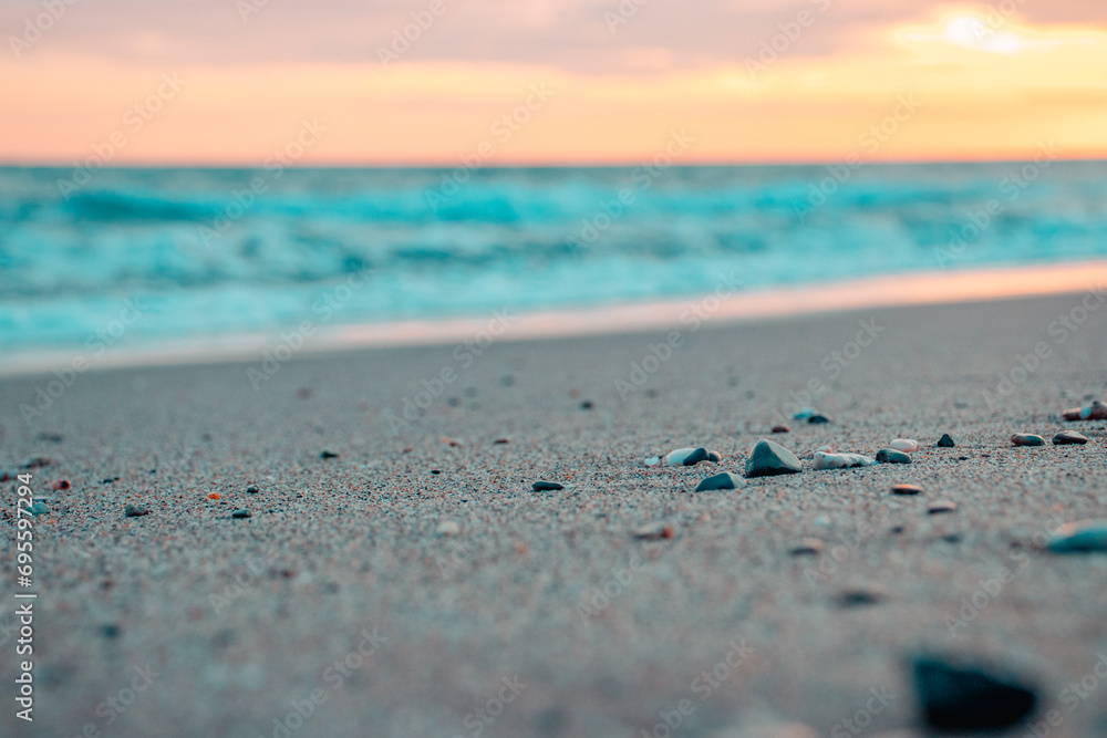 Relaxing Mediterranean beach summer panoramic photo. Waves surf with amazing blue sea shore Relaxing Mediterranean beach summer panoramic photo. Waves surf with amazing blue sea shore