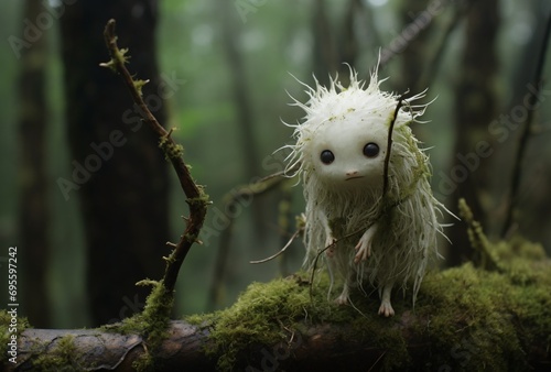 A tiny, fuzzy creature with big eyes and a long beard, sitting on a mossy branch in a forest. Generative AI photo