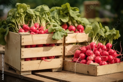  a wooden crate filled with radishes sitting on top of a wooden table next to another crate filled with radishes on top of a wooden pallet.