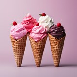 Four Different Flavored Ice Creams in Waffle Cones Generative AI