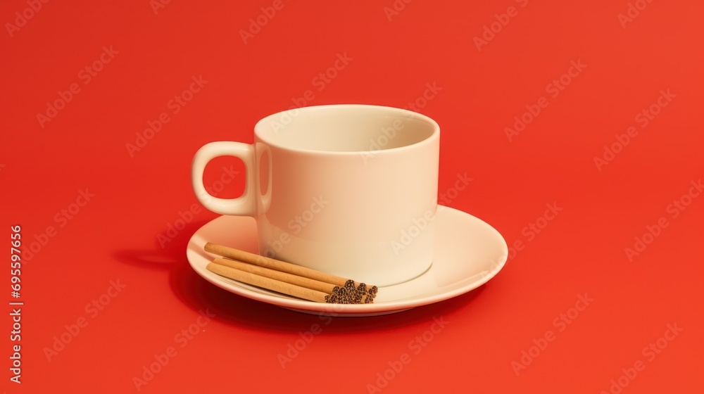 a white cup and saucer with two cinnamon sticks on a saucer on a red table with a red background. a white cup and saucer with two cinnamon sticks on a saucer on a red table with a red background.