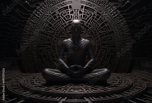The Buddha - A statue of a man in a lotus position, surrounded by a complex pattern of interconnected circles. Generative AI